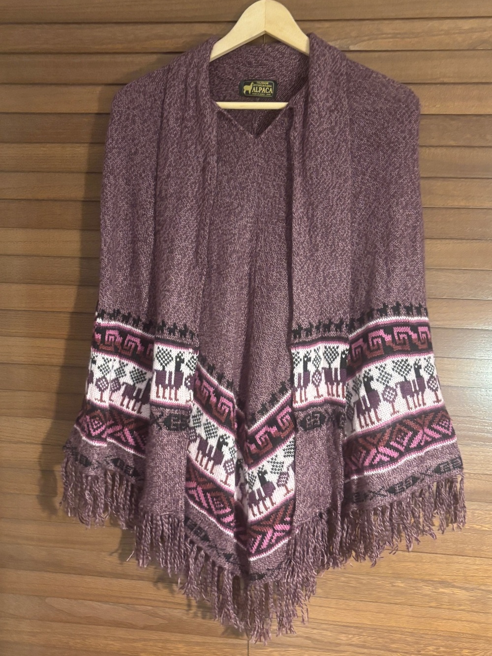 Tejidos Intihuatana Alpaca Geometric Fringe Wrap in Purple & Pink